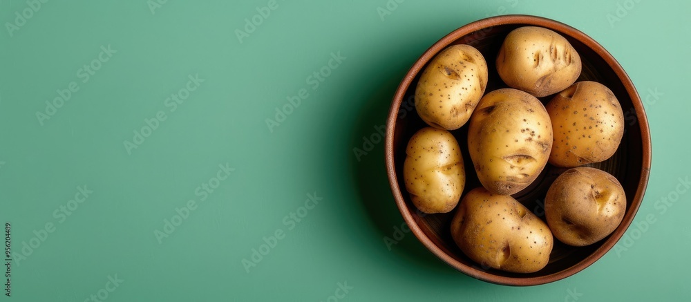 Poster top view of a bowl containing fresh raw potatoes against a green backdrop with room for text in the 
