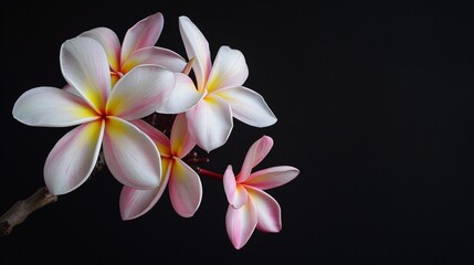 Fototapeta premium 07231249 556. Close-up top view of a single pink-white Plumeria flower bouquet on its stalk, isolated against a stark black background, showcasing the vivid pink and yellow hues of the blooming