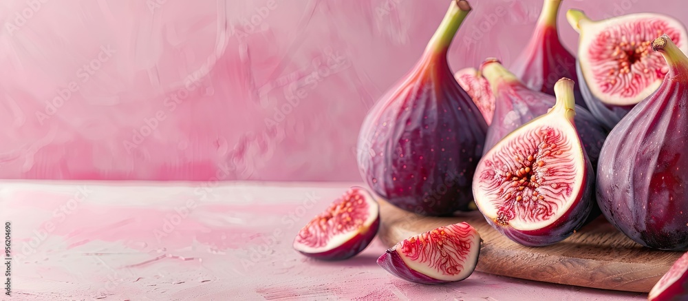 Aufkleber fresh ripe figs displayed on a wooden board with a soft pink background creating a charming copy spa