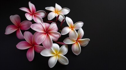 07231249 558. Artistic top view of a pink and white Plumeria flower bouquet, isolated on a black background, highlighting the intricate details and blooming stages of the frangipani flower branch