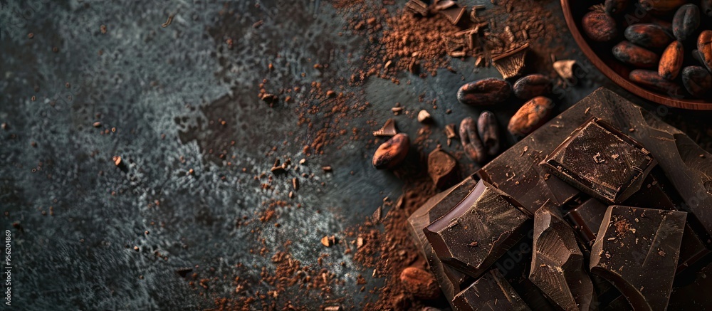 Poster dark chocolate cocoa beans and powder arranged on a concrete table with a copy space image