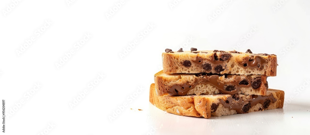 Poster a slice of bread with chocolate filling placed on a white background with space for text or image. w
