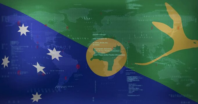 Digital data processing animation over flag of Solomon Islands and world map