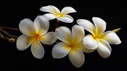 07231249 562. Detailed view of white and yellow tropical Frangipani flowers, isolated on a black background, highlighting the rich textures and vivid hues of the blossoms
