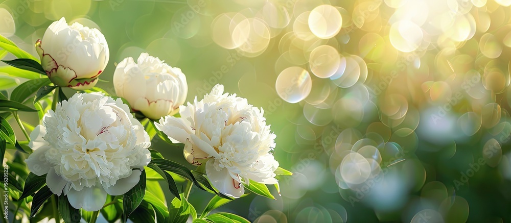 Poster white peonies in full bloom in a charming spring garden setting with a green backdrop the image feat