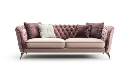 Fototapeta premium Chic modern italian sofa with pillow and angular wooden legs isolated on white background. suitable for product photo