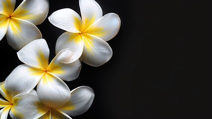 Naklejka premium 07231249 564. High-resolution close-up of white and yellow Frangipani flowers on a black background, capturing the intricate details and bright contrast of the tropical blossoms