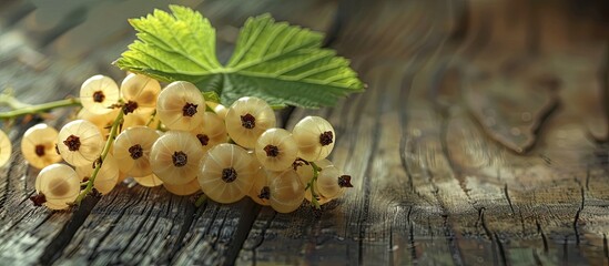 Close up shot of ripe white currant berries and leaf on a wooden surface with available copy space for text