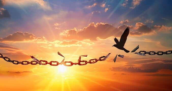 A stunning 4K UHD image capturing a bird's silhouette in sharp focus as it soars through the sky, a backdrop of broken chains and a vibrant sunset.