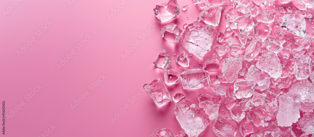 Poster top view of crushed ice on a pink backdrop providing copy space image