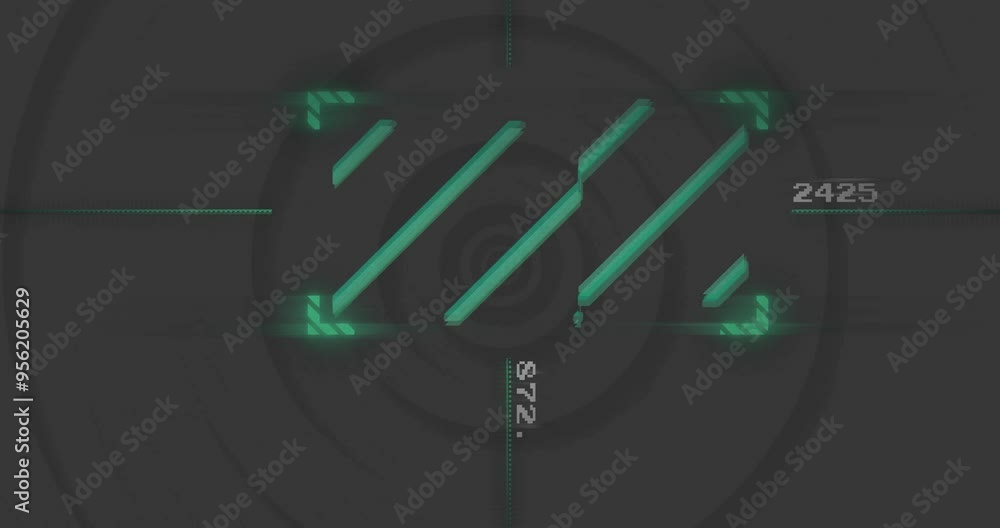 Poster green digital bars and numbers animation over dark background with circular patterns