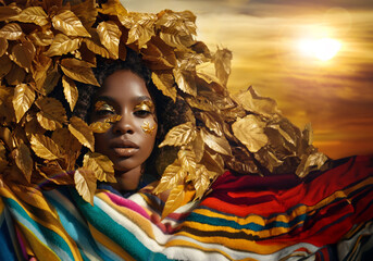 Hello Autumn! Portrait of a beautiful young black woman covered in a pile of leaves and wrapped in a colorful blanket, with her face decorated with gold leaves.