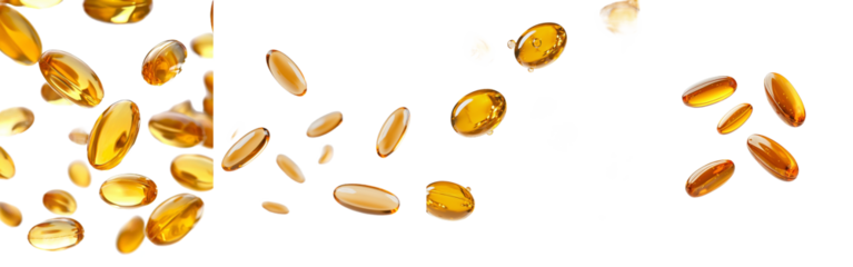 Omega 3 Fish oil pills falling on white background with clipping path, full depth of field