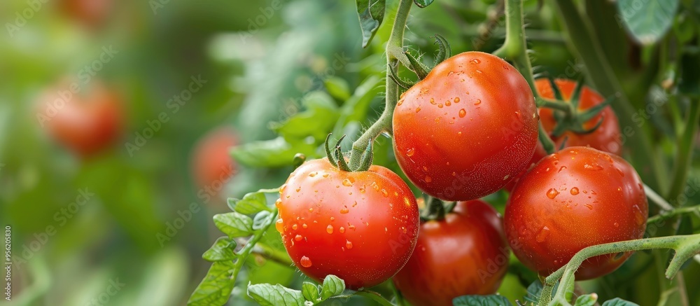 Poster macro photograph of fresh organic tomatoes growing on a vine at a local farm with room for text back