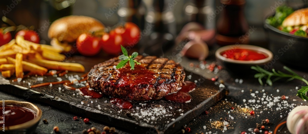 Poster various menus of steak meat burgers and fries displayed on a table with a copy space image chef expe
