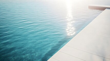 A minimalist infinity pool with crystal-clear water reflecting the sunlight, creating a luxurious scene with dramatic shadows at the edge.