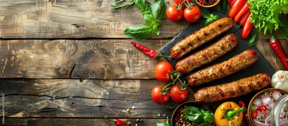 Poster vegan sausages made from vegetable protein like soy and tofu served as a fresh meal or snack on a ru