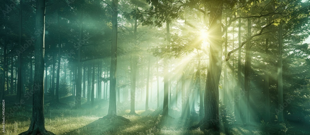 Aufkleber sunlight filtering through the trees in the forest creating a serene atmosphere with copy space imag