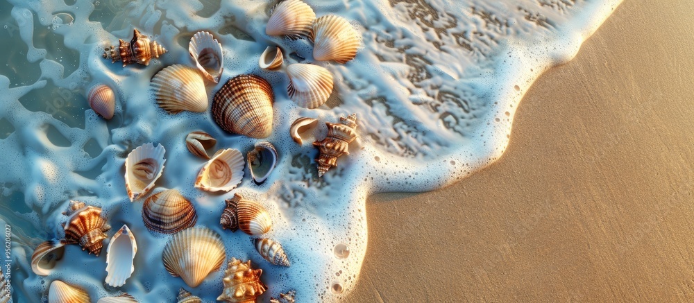 Poster aerial perspective of shore with various seashells scattered on the sand representing a summer theme