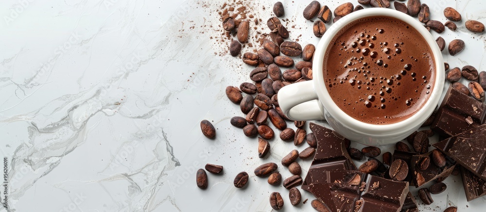 Poster top down view of a homemade hot chocolate drink adorned with chocolate cocoa and cocoa beans on a wh