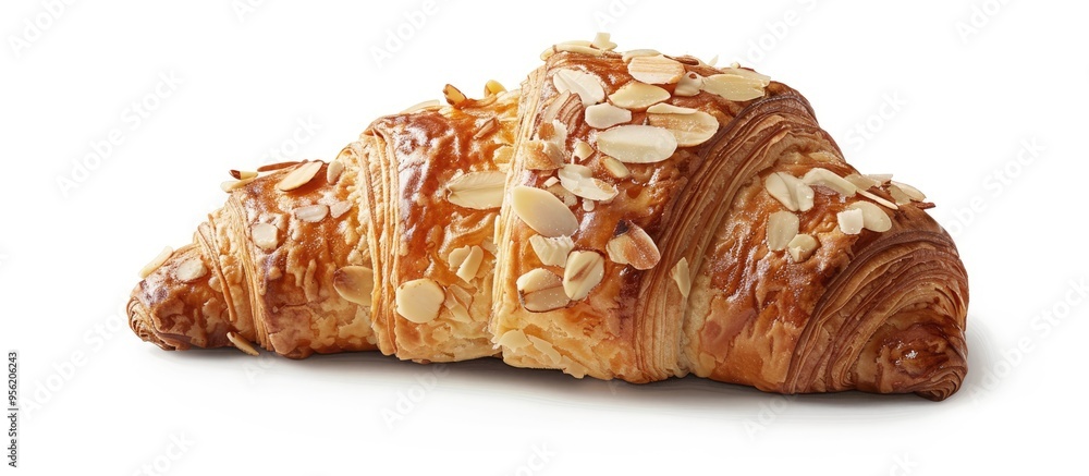 Poster almond croissant displayed on a white background with copy space image ideal for recipe articles cat