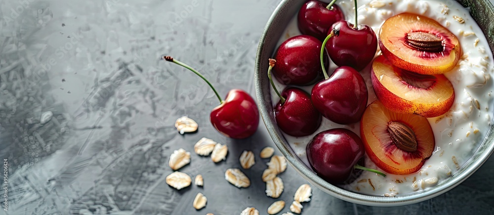 Poster a close up image of creamy yogurt nectarine slices cherries and oat porridge in a bowl with ample co