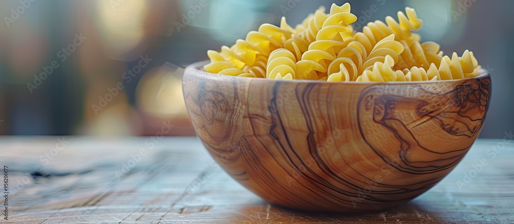 Wall mural Wooden bowl with uncooked Creste di Gallo pasta featuring copy space image