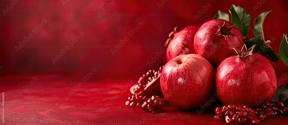 Poster red apples and a ripe pomegranate displayed on a red backdrop with ample copy space image