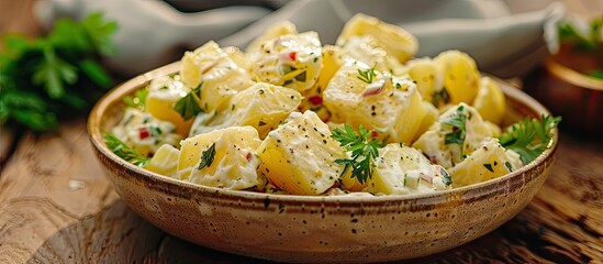 Potato salad featuring diced potatoes with a seasoned dressing is depicted in the copy space image
