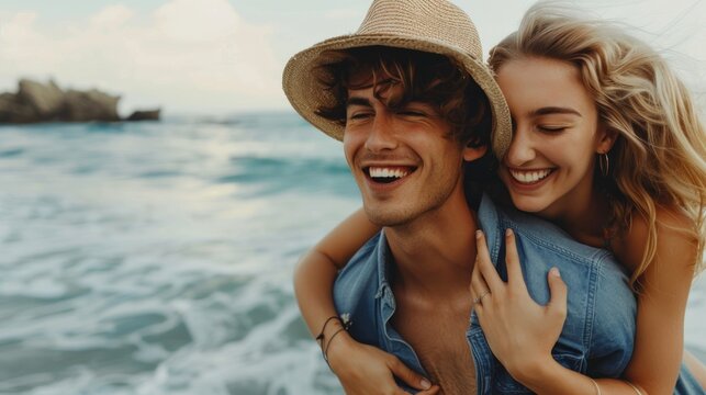 Young man giving a piggyback ride to his happy girlfriend sits on his back at sunrise over the beach ocean outdoor seaside on a summer day, having fun and smiling.