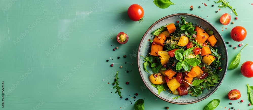 Poster a delicious homemade vegetable stew on a light green table viewed from above with room for adding te