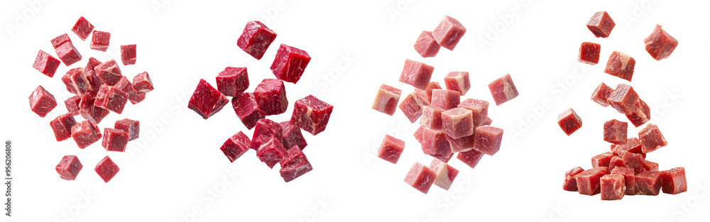 Poster beef cube falling on white background, clipping path, full depth of field