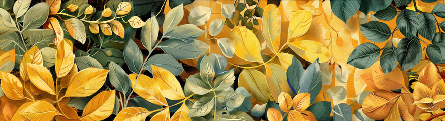 Vibrant autumn leaves in various shades of yellow and green create rich tapestry of natures beauty.