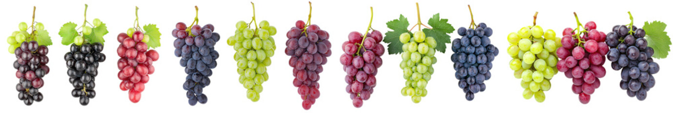Fototapeta premium Colorful purple, pink, and green grapes, isolated on white, clipping path, full depth of field