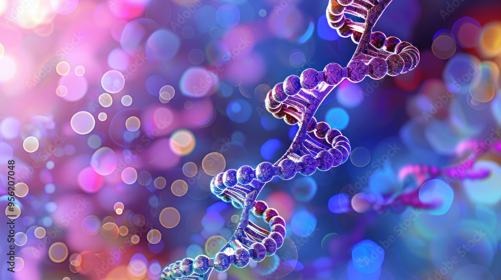 Poster a vibrant representation of dna strand against colorful, abstract background, evoking sense of scien