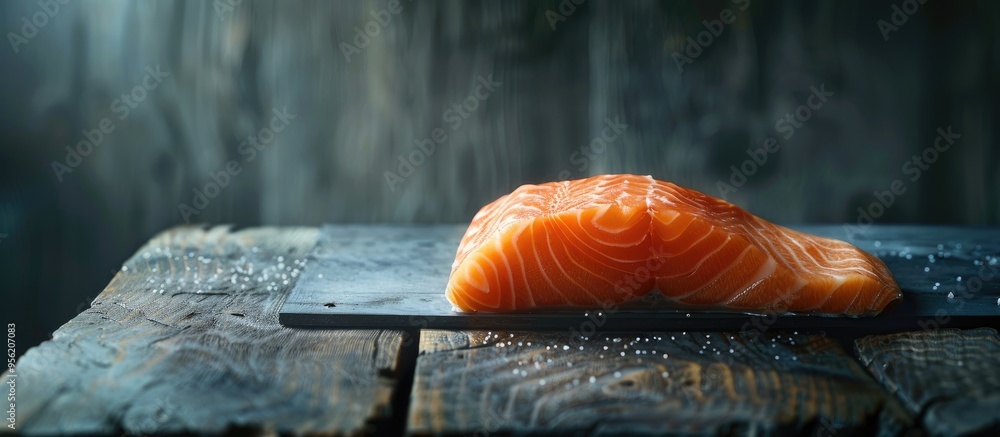 Poster salmon fillet on table with copy space image as food background