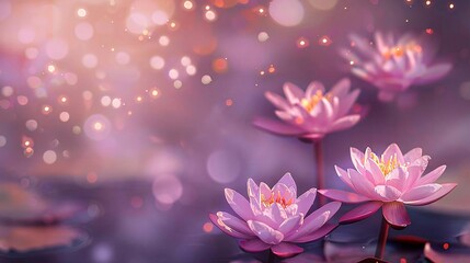 07231249 591. Close-up of pink lotus flowers emitting a soft light and floating gently, with a sparkling light effect and a purple background that enhances the magical ambiance