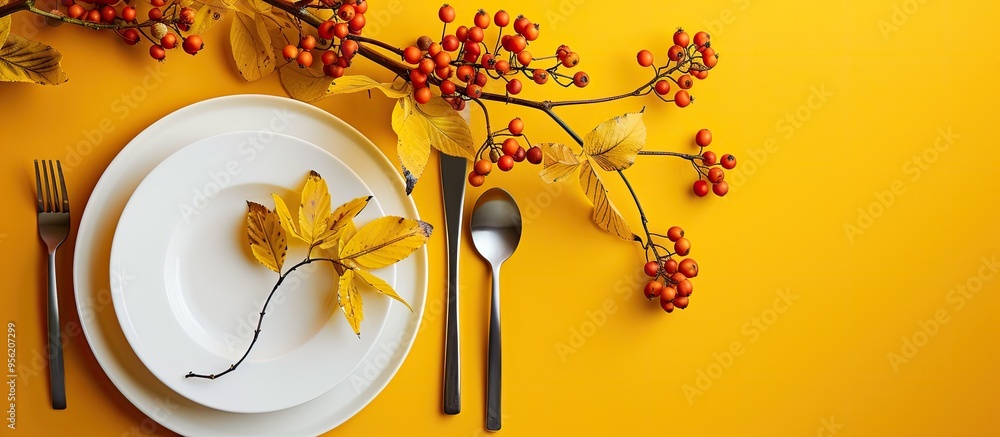 Aufkleber table setting for fall with sea buckthorn on a yellow backdrop ideal for adding text or designs in t