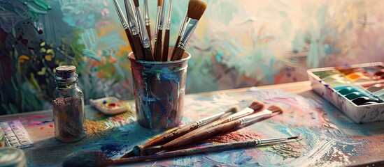 Artistic tools displayed on a work table showing paint brushes and a watercolor color palette backdrop creating a vibrant copy space image