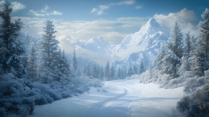 Serene Snow-Covered Pathway Through a Winter Forest with Mountain View