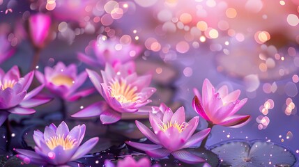 07231249 592. Detailed view of pink lotus flowers with a light purple glow and floating light sparkles, set against a rich purple background for a dreamy and enchanting scene