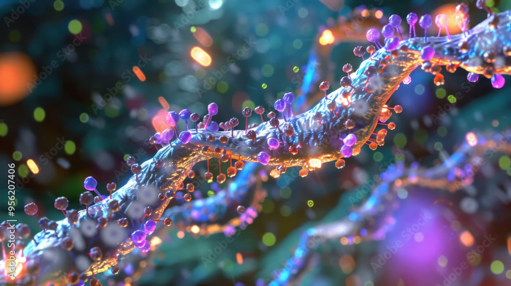Poster A vibrant and intricate representation of DNA strands, showcasing colorful molecular structures and dynamic background.