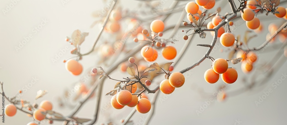Aufkleber branch with orange fruits on a white background with a blurred full depth of field suitable for a co