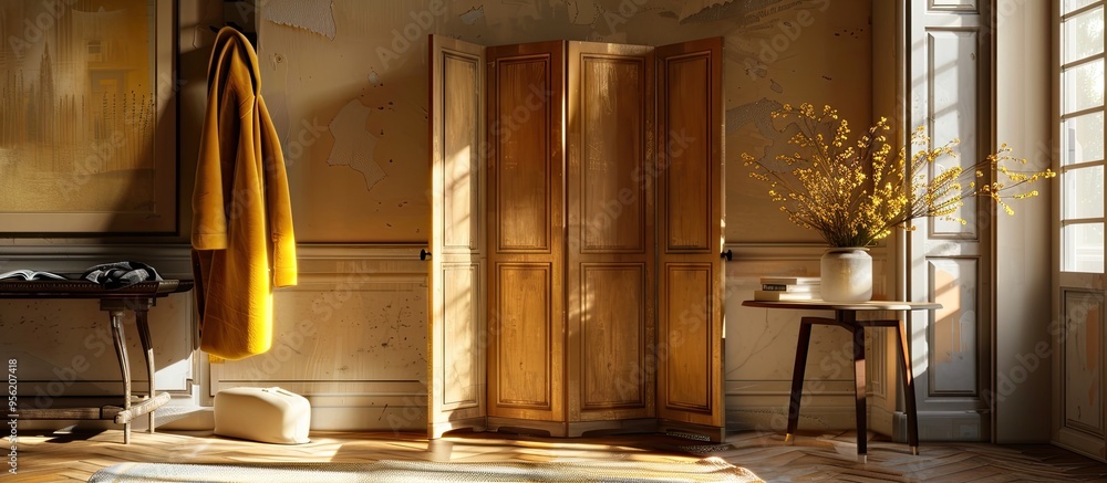 Aufkleber a hall interior featuring a folding screen and a coat rack with space available for adding images. w