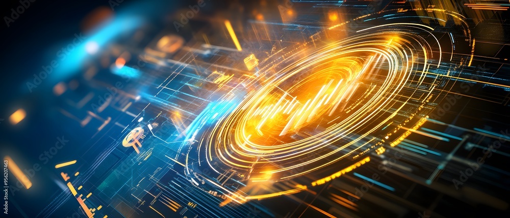 Poster abstract technology background with glowing lines and circles.