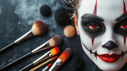 A step-by-step process of applying Halloween makeup, with brushes and paints laid out.