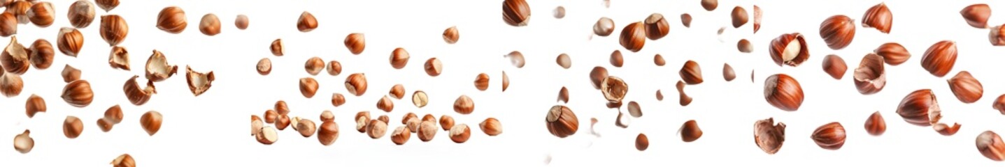 Specimen of falling hazelnut on white background