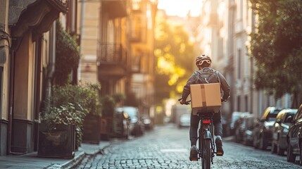 A courier on a bicycle delivering a small package in an urban setting, showcasing eco-friendly parcel transport methods. Ample copy space for text or promotional content.