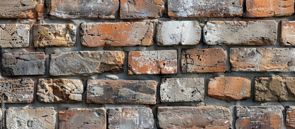 Poster a mix of weathered and fresh bricks forming a brick wall suitable as a background for designs and pr
