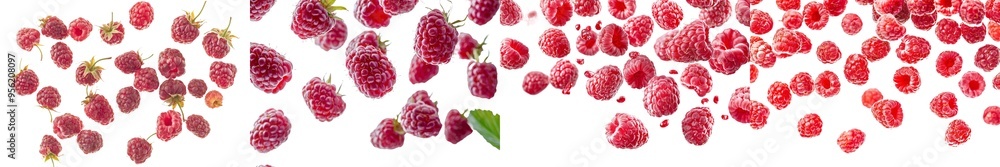 Poster isolated on white background, selective focus of a falling raspberry